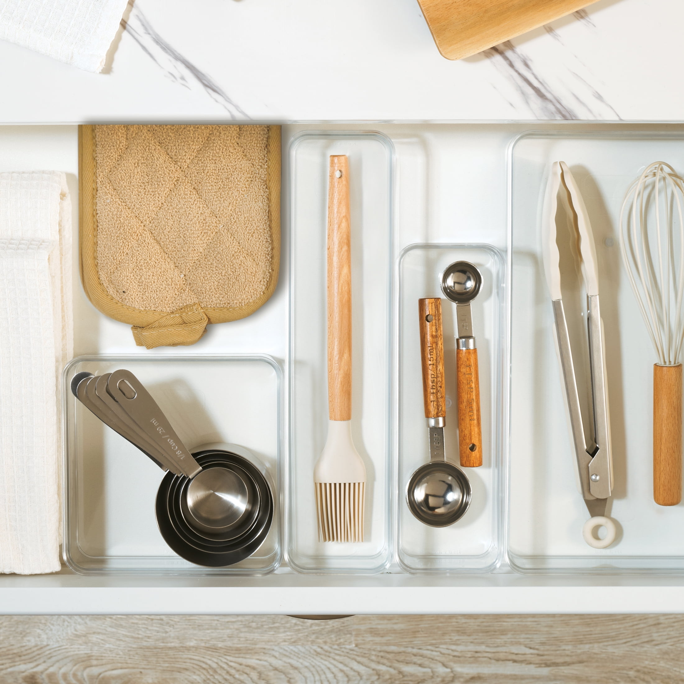 Mainstays Extra Large Clear Plastic Narrow Kitchen Drawer Organizer Storage Tray, Cabinet, Desk and Bathroom Drawer Organizer for Utensil, Cutlery and Flatware Storage, 12" x 3" x 2"