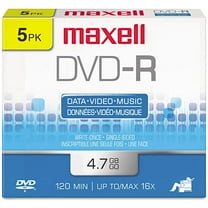 Maxell 638002 120 Min 4.7 GB 16X DVD-R Recordable Disks Jewel Case, 5 Pack