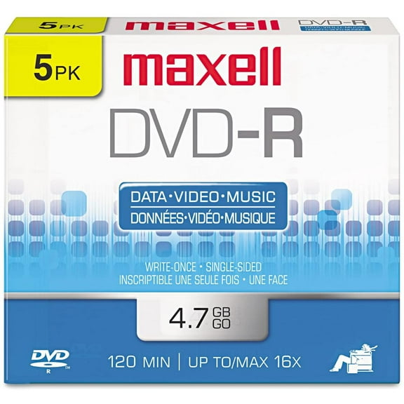 Maxell 638002 120 Min 4.7 GB 16X DVD-R Recordable Disks Jewel Case, 5 Pack