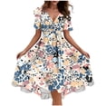 thumbnail image 4 of Smsaxvxz Dresses for Women Fashion Floral Printed V Neck Short Sleeve Bandage Pleated Knee Length Sundress Beach Summer Dresses Pink 01 2XL, 4 of 7