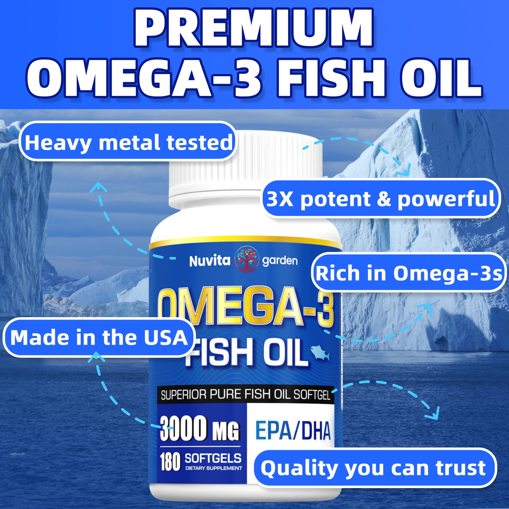 3 Pack Fish Oil 3000mg with EPA & DHA, Omega-3 Fish Oil Healthy Heart, Improved Cardiovascular Health,540 Softgels