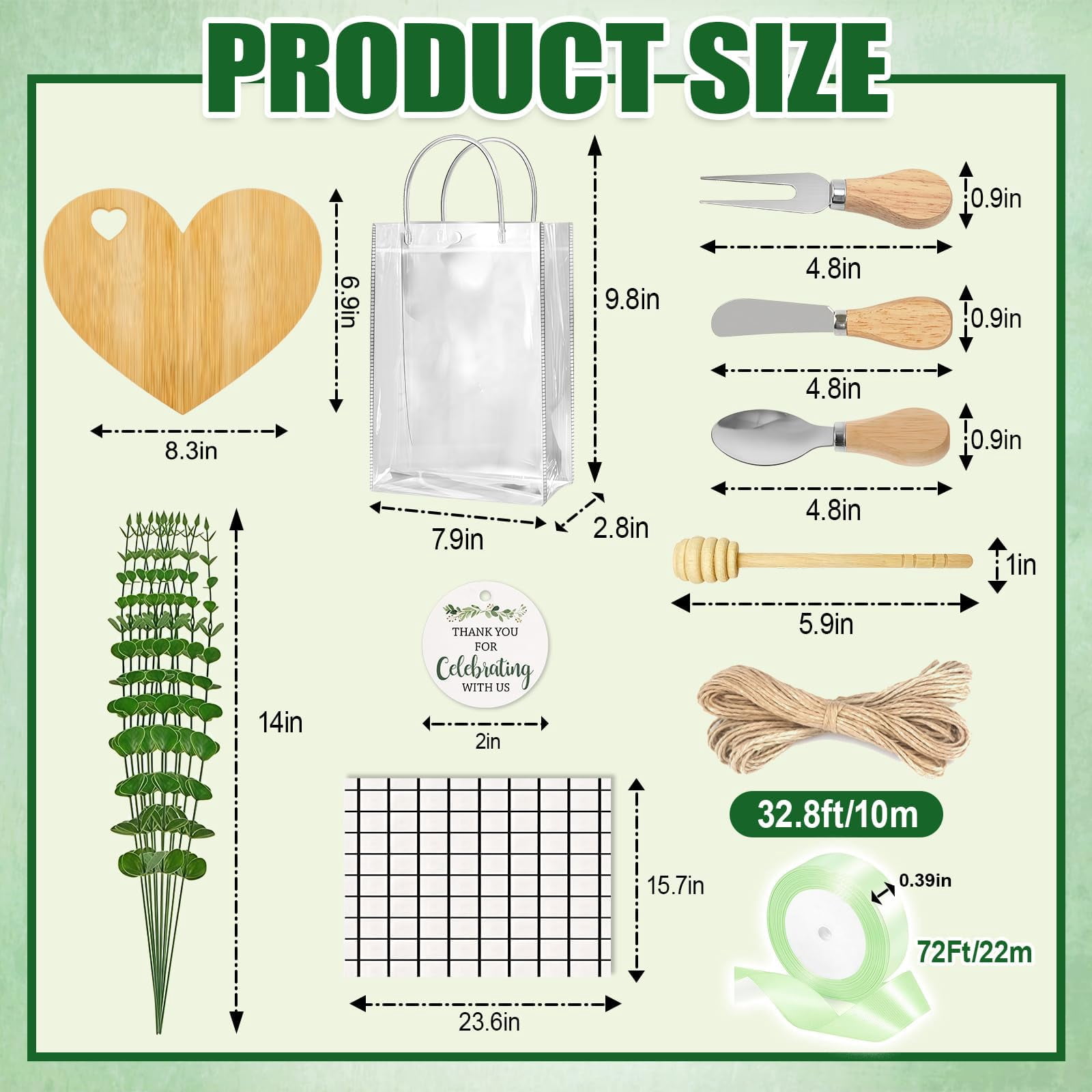 62 Pcs/6 Set Baby Shower Prizes for Game Winners, Heart Bamboo Cheese Board Gift for Guest with Knives Fork Spoon, Honey Sticks, Tablecloth, Eucalyptus Stem, Gift Bag, Bridal Shower Party Favors