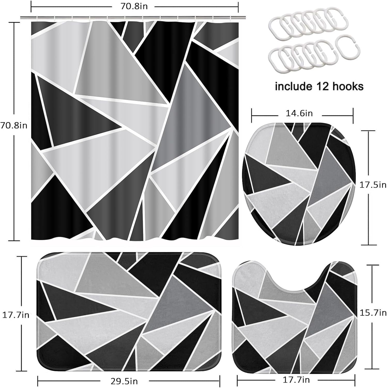 Grey Black Wavy Line Shower Curtain Set with Toilet Lid Cover and Non-Slip Rugs for Bathroom, Abstract Stripes 4 Pcs Shower Curtain, Modern Geometric Bathroom Set with 12 Hooks