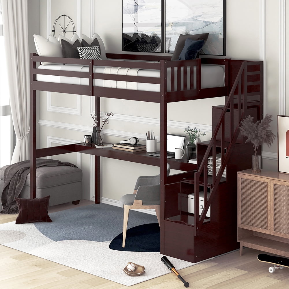 Kadyn Wooden Loft Bed with Storage Stairs, Under-bed Desk and Gaming Area, Twin, Espresso Kadyn Wooden Loft Bed with Storage Stairs, Under-bed Desk and Gaming Area, Twin, Espresso