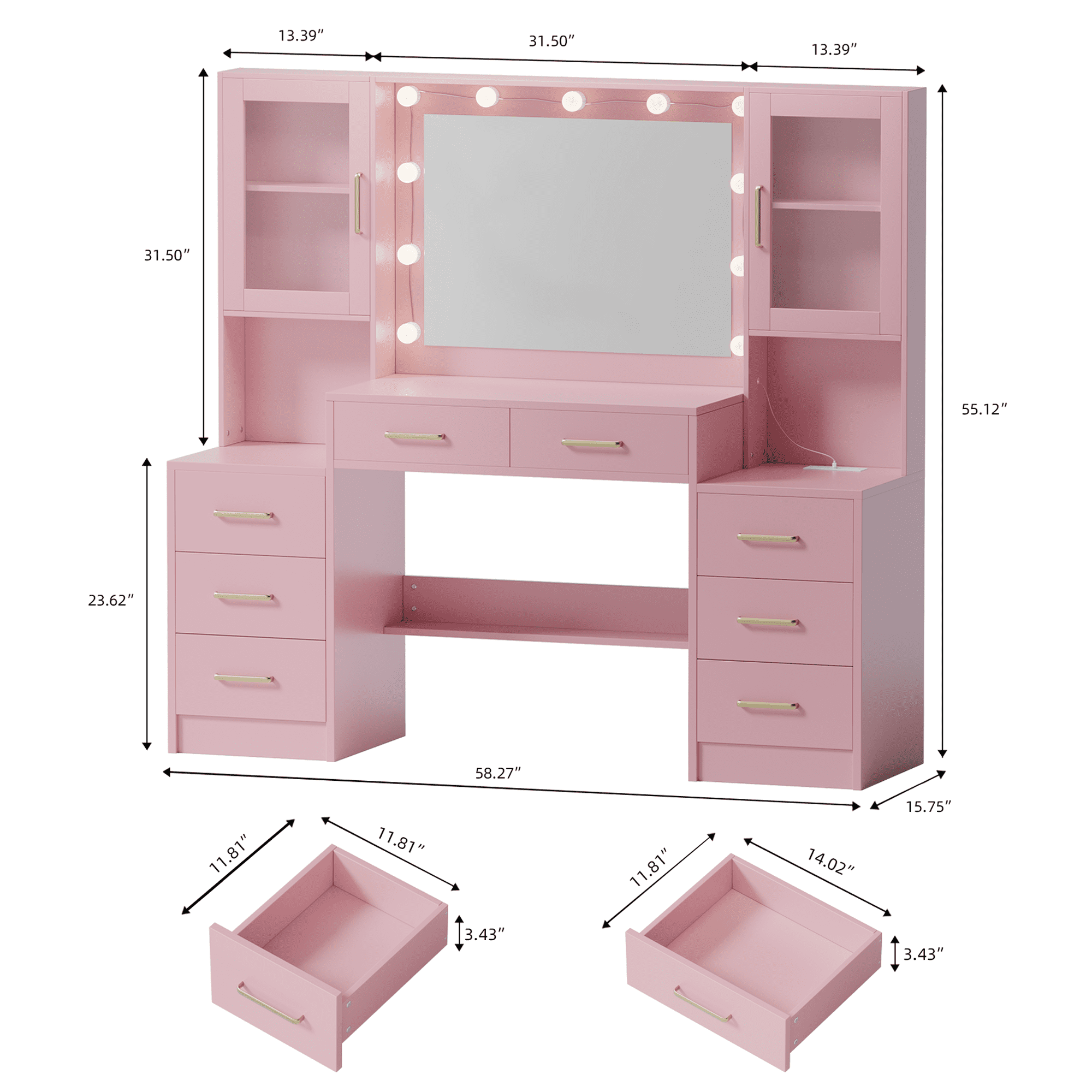 TOKSOM Pink Makeup Vanity Table with Lighted Mirror and Charging Station, Large Vanity Desk with 5 Drawers & Glass Cabinet, Cushioned Stool Set for Bedroom