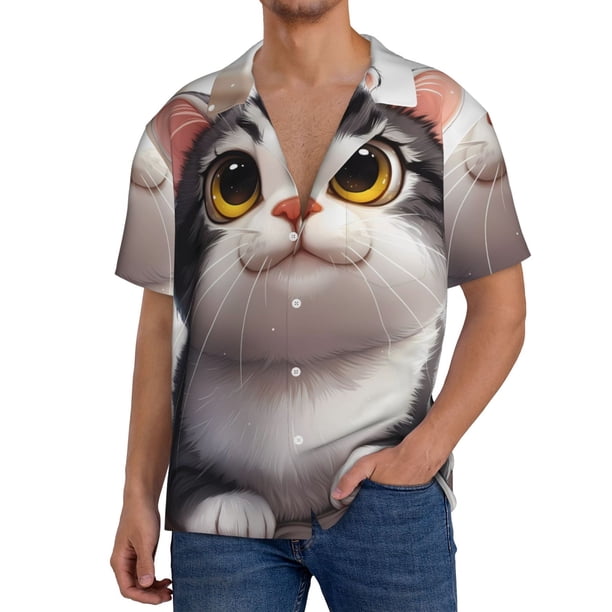 Balery Cute Cartoon Kitten Camisa Casual de Manga Corta con Botones para Hombre, Texturizada, Estilo Cubano, para Playa, Verano-Small