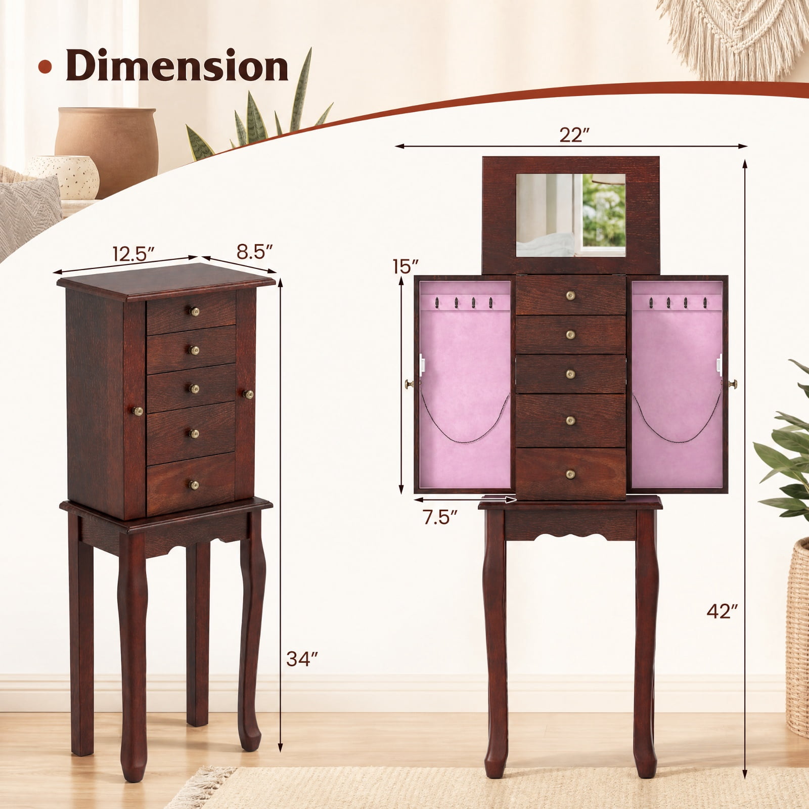 Furnibear 2 Colors Armoire Storage Standing Jewelry Cabinet with Mirror for Bedroom Dressing Room Jewelry Necklace Rings Storage Mirror, Brown