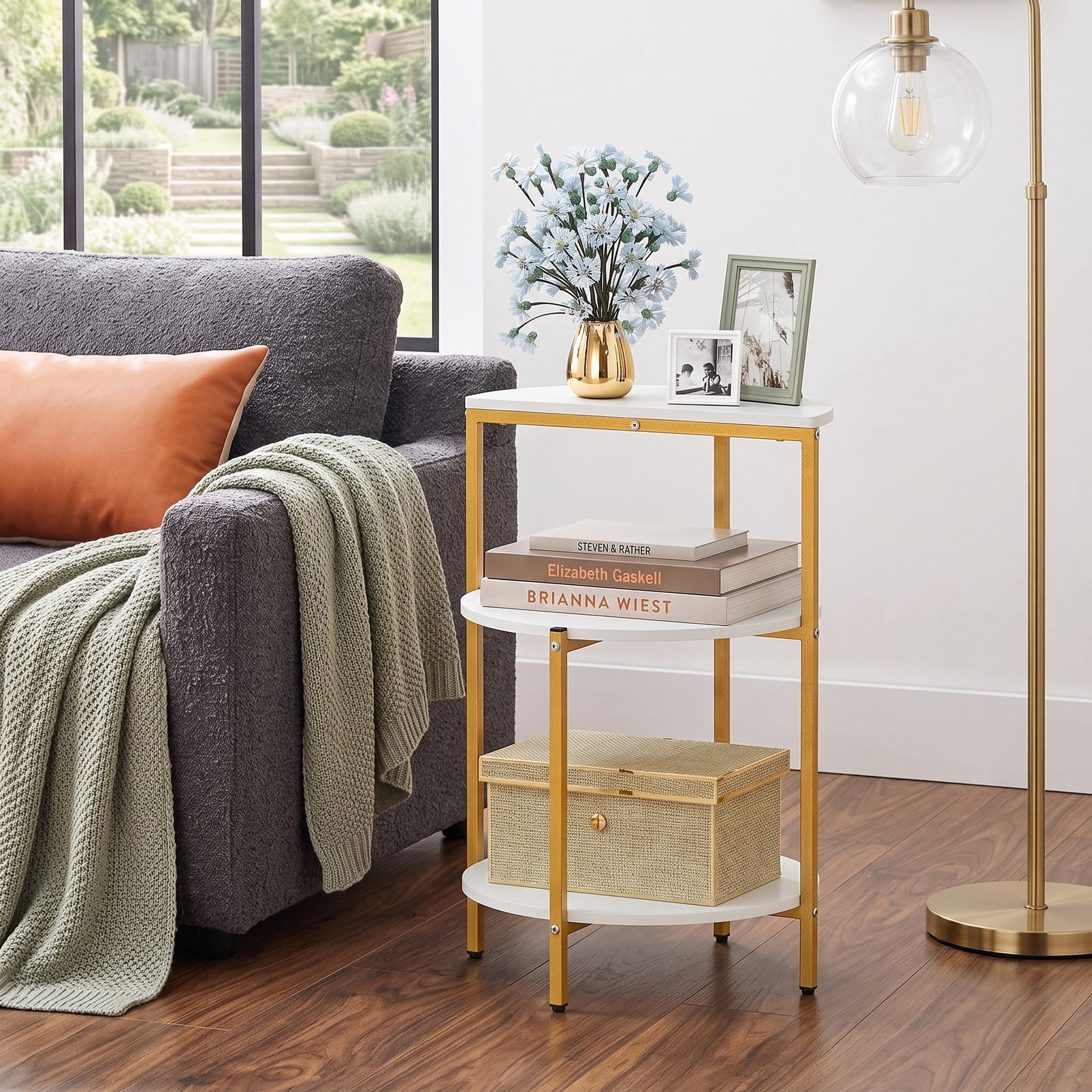 Furnibear 3-Tier Round End Table, Small Space Side Table Nightstand with Storage Shelves and X-Shaped Gold Metal Base for Living Room Bedroom Entryway, White & Gold