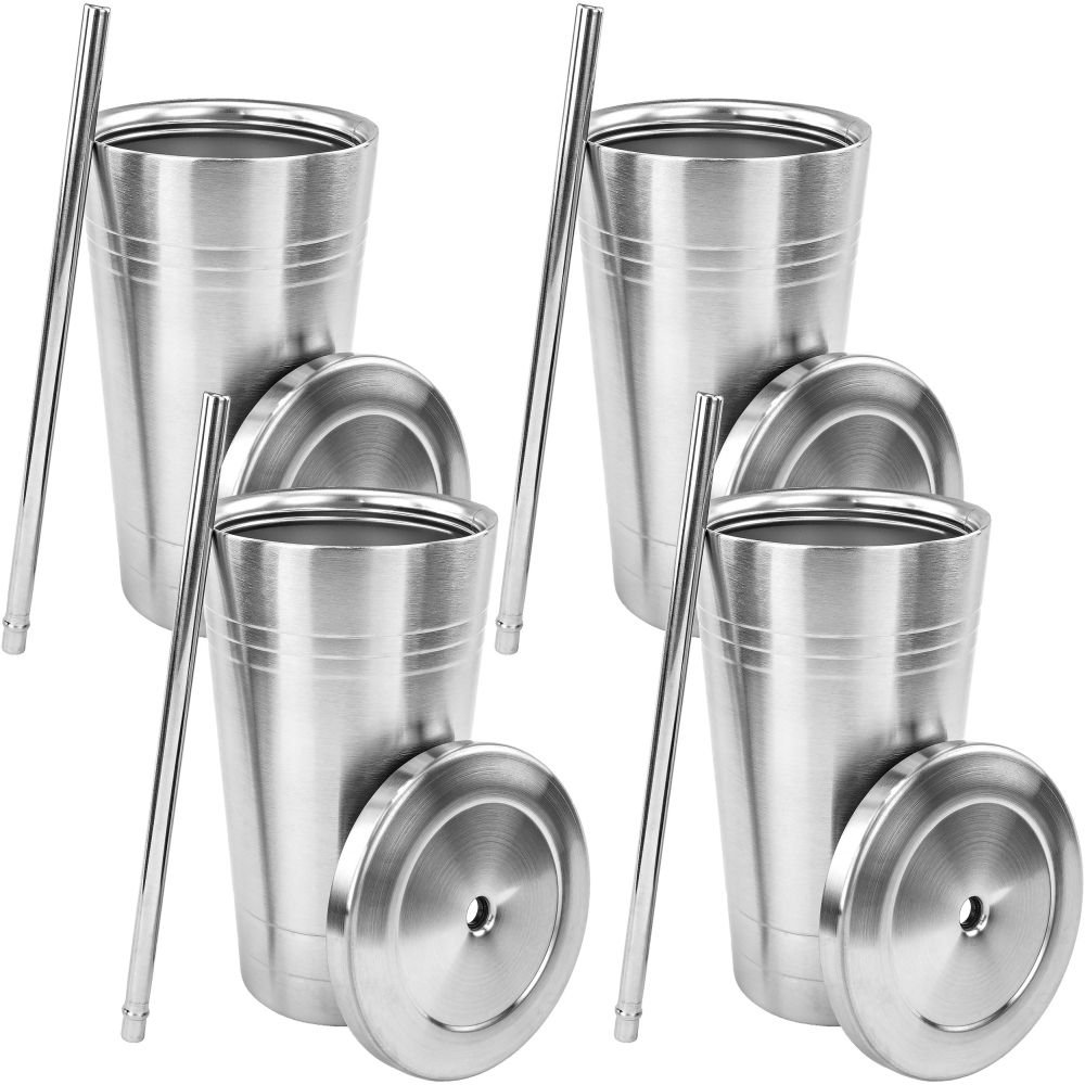 Stainless Steel Double Walled Insulated Cup With Straw and Lid, 4 Pack