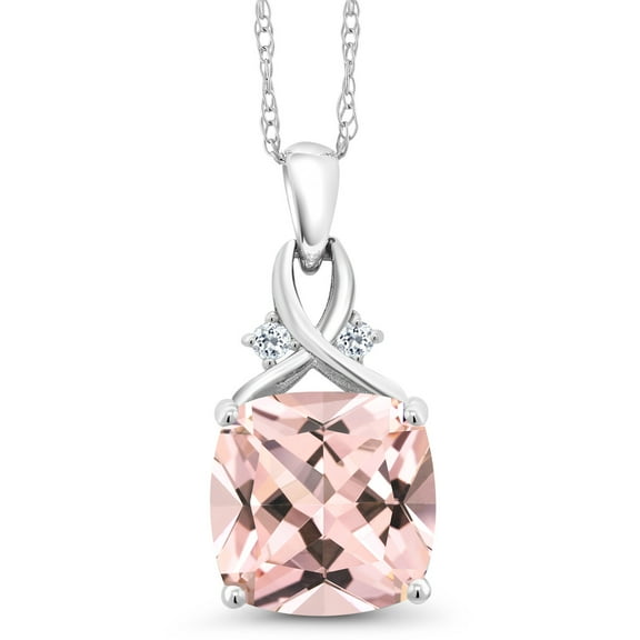 Gem Stone King 10K White Gold Peach Nano Morganite and White Topaz Pendant Necklace for Women (4.37 Cttw, Gemstone October Birthstone, Cushion Cut 10MM, with 18 inch Chain)