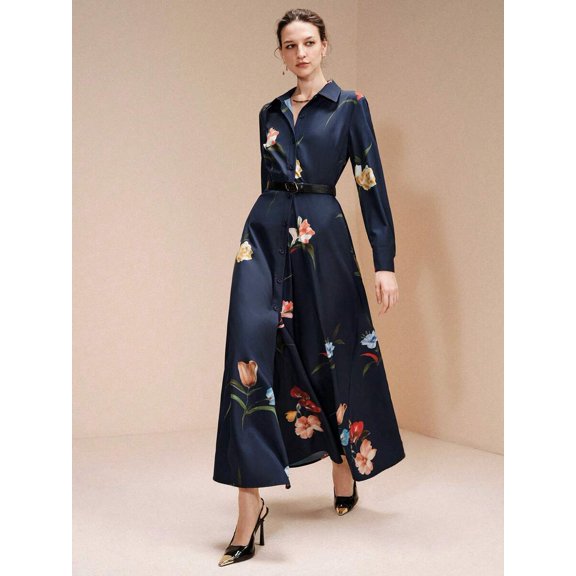 Multicolor Floral Print Long Sleeve Waist-Cinched A-Line Maxi Shirt Dress For Women