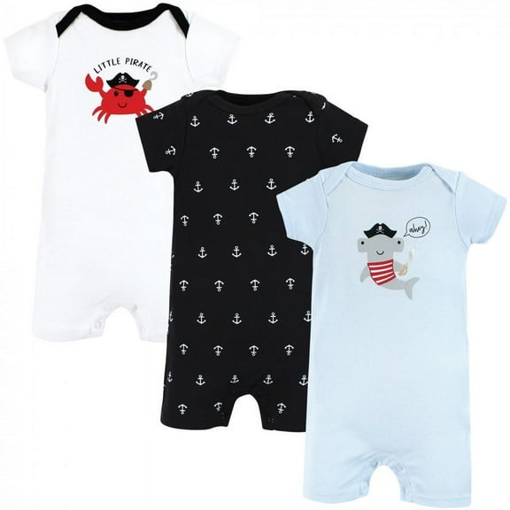 Hudson Baby Infant Boy Cotton Rompers, Pirate Shark, 0-3 Months
