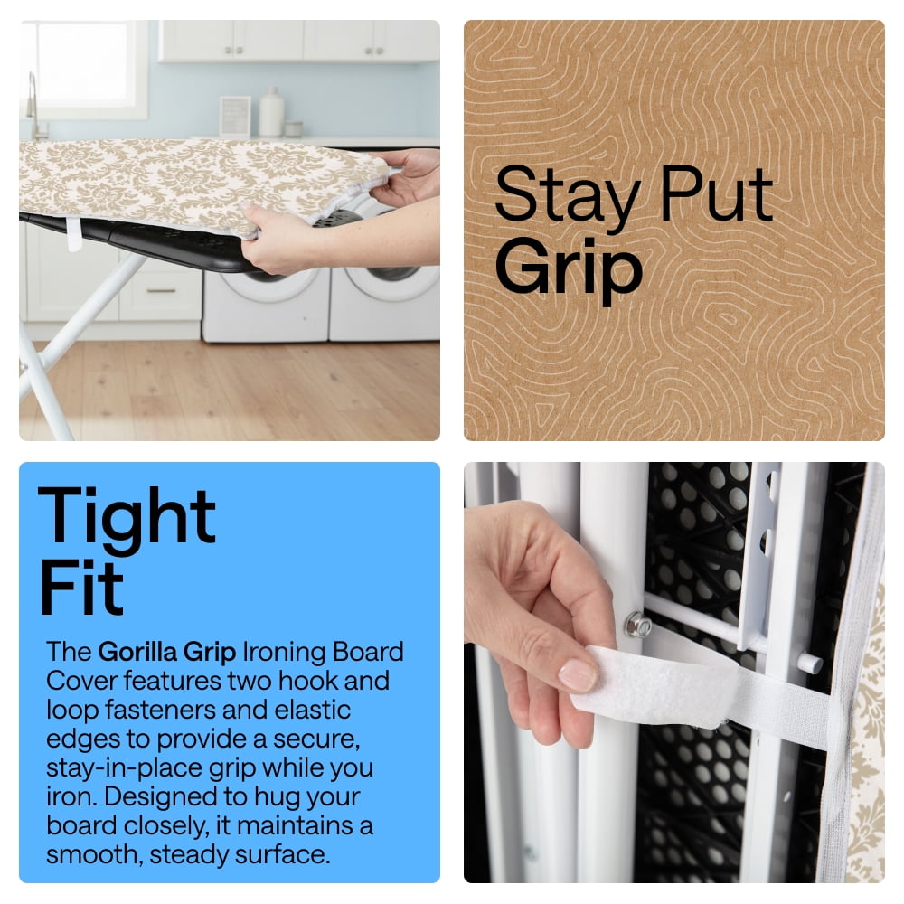 GORILLA GRIP Scorch Resistant Ironing Board Cover, Silicone Coating, Hook and Loop Fastener Strap, Damask