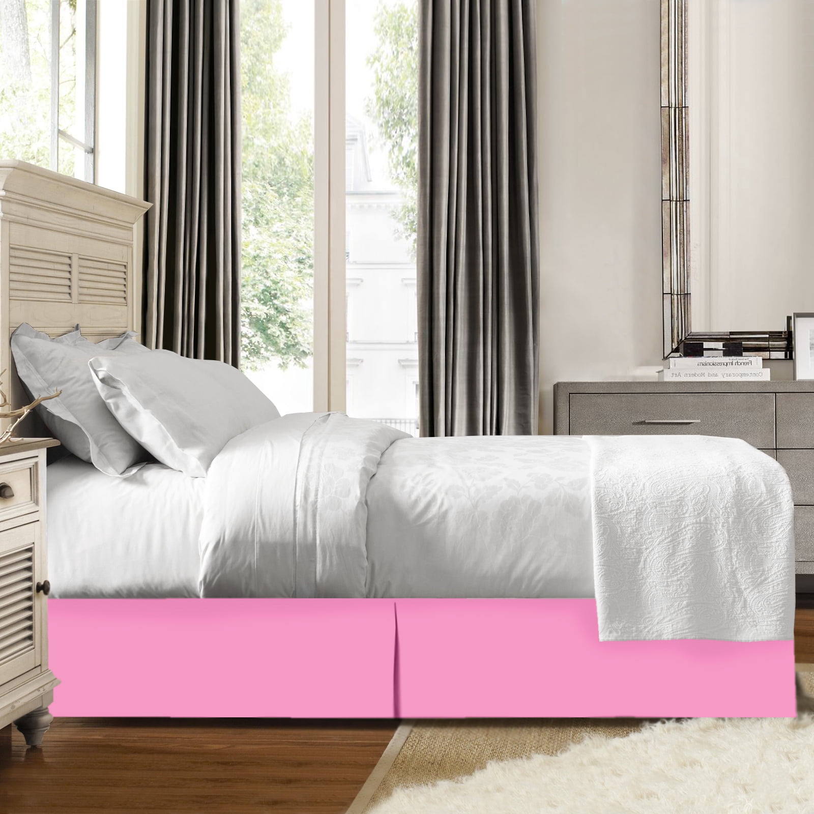 14" Tailored Pleated Bed Skirt Dust Ruffle, Cal King, Light Pink, by Clara Clark