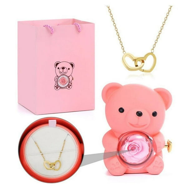 SGACAI Collar de corazón grabado con caja de regalo de oso rosa real, oso rosa eterno, regalos para mujeres con collar de corazón, regalos de cumpleaños para su madre, esposa, novia, abuela en San