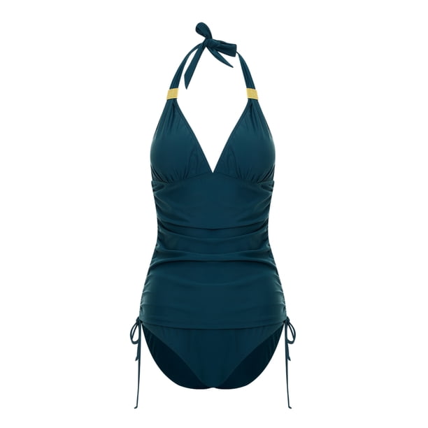 VISgogo Traje de baño femenino de 2 piezas, camisola de cuello halter de color sólido con cordón + bragas de bikini para mujer, S / M / L / XL / XXL VISgogo moda