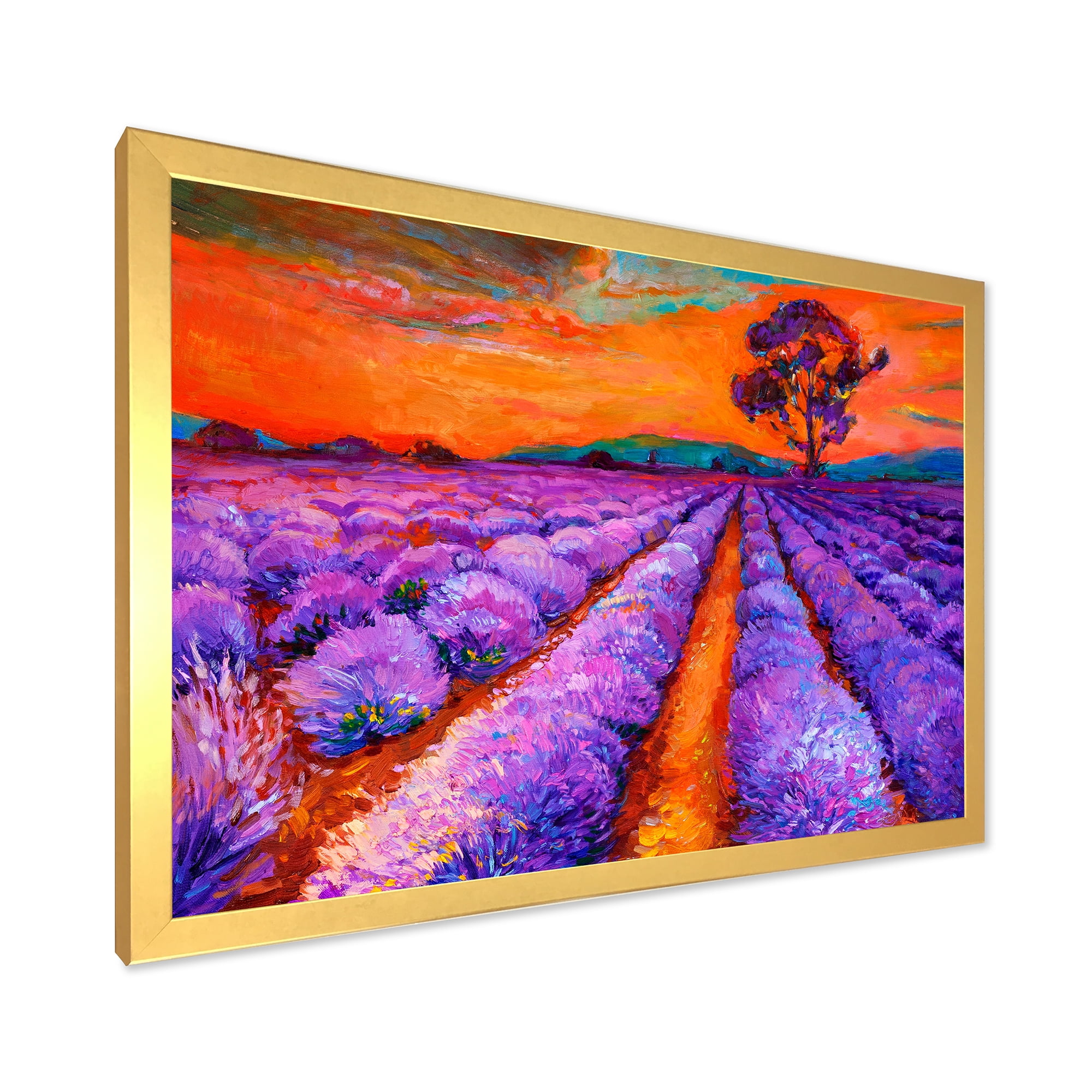 Designart 'An Orange Sunset Over Purple Lavender Fields I' Farmhouse Framed Art Print