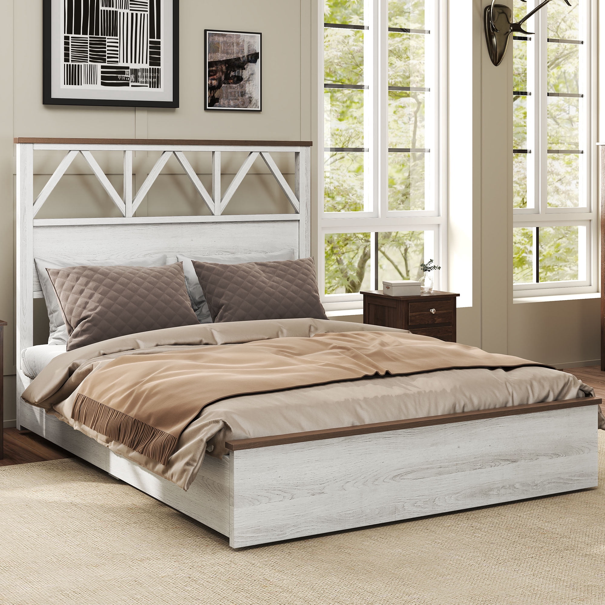 Uforic Full-Size Bed Frame with V-Pattern Headboard, Noiseless Slats, No Box Spring Needed, Washed Gray