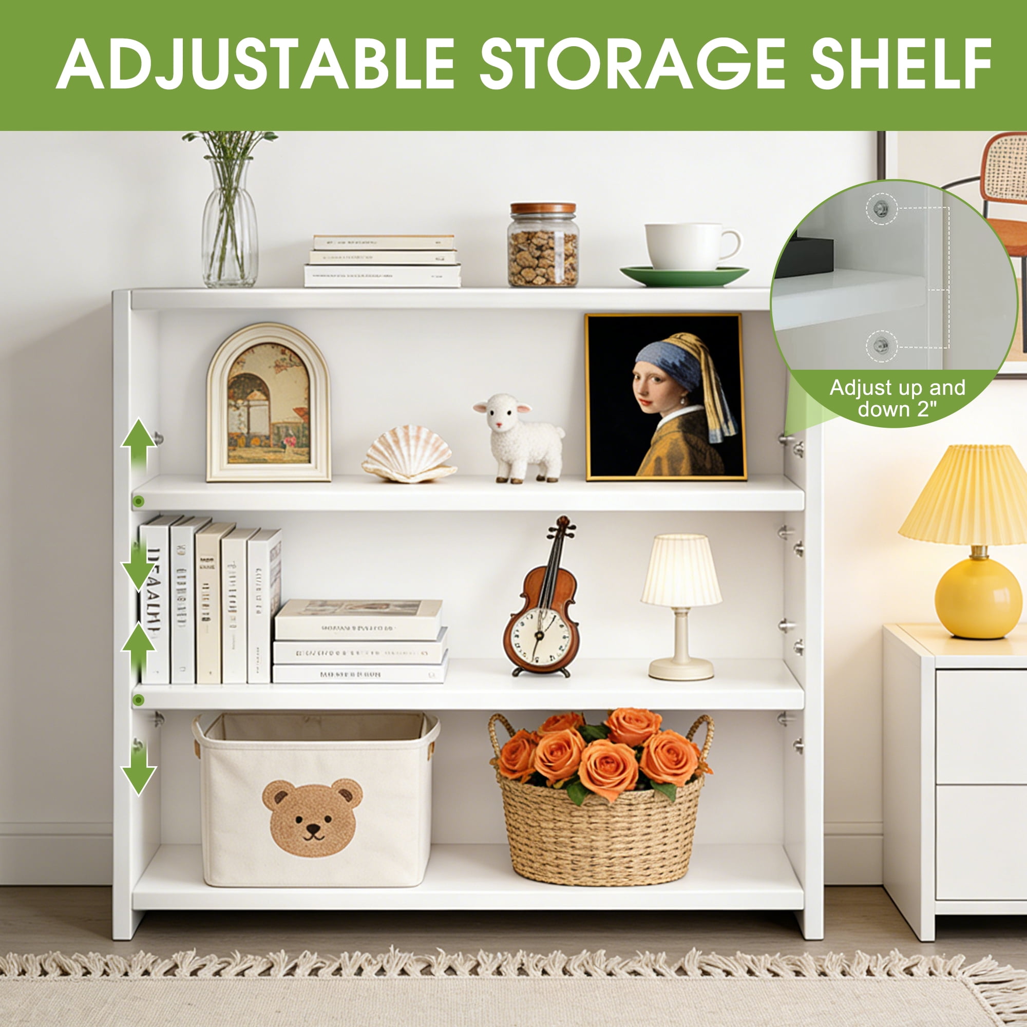 CISILOV 3-Tier Bookcase, Bookshelf with Adjustable Storage Shelves, Open Storage Cabinet, Modern Wooden Book Case, White Book Shelf for Home Office, Living Room, Bedroom