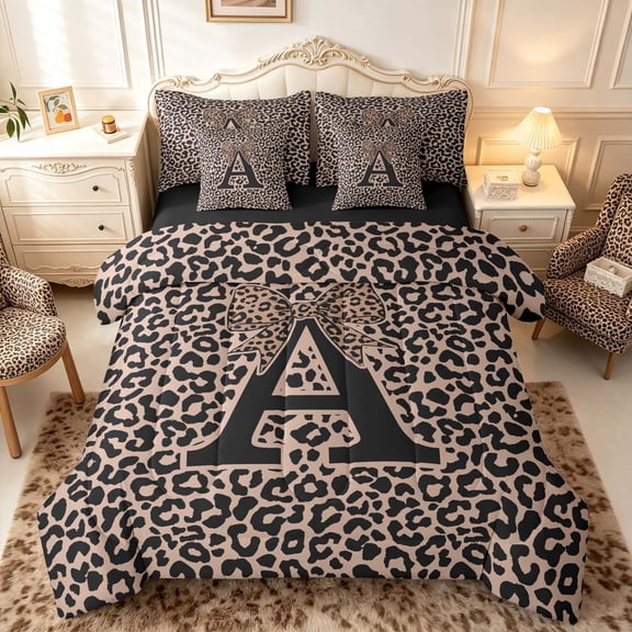 meiyoeat Leopard Print Bow Letter A Twin Bedding Sets, Women Teens, Brown Animal Print Bedding Comforter Set, Black Reversible 7 Pieces