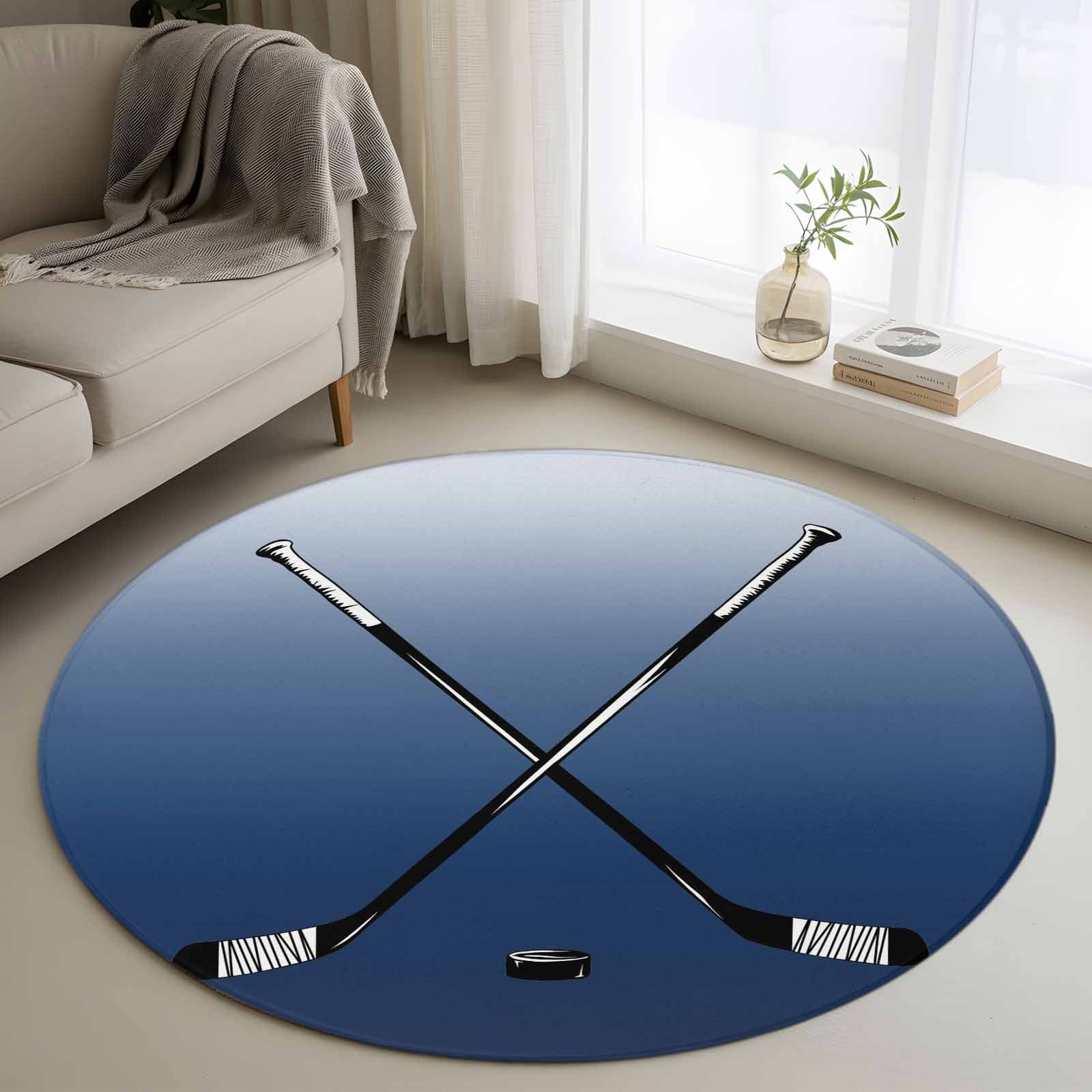 Navy Blue Ice Hockey 3ft Round Rug, Winter Sports Ball Games Ombre Non-Skid Rubber Backing Large Area Rugs - Living Room Bedroom Home Office, Indoor Floor Mat Carpets Washable Rug