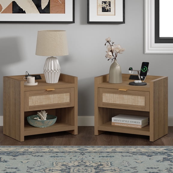 SICOTAS Nightstand Set of 2 with Charging Station, Farmhouse Beside Tables with Rattan Drawer, Power Outlet, Boho End Table for Bedroom,Natural Oak
