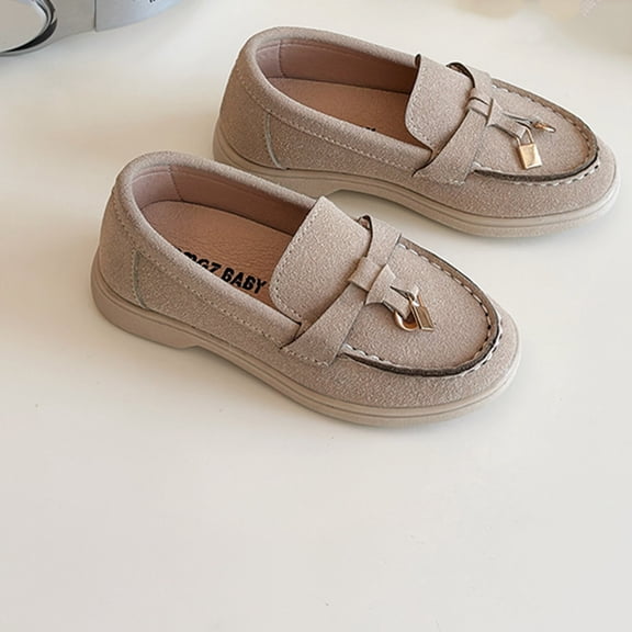 SGFCWSX Kids Slip On Shoes Suede Loafers Closed Toe Flat Soft Sole Casual Dress Shoes for School Daily Party Use Beige Size 11.5 Little Kids