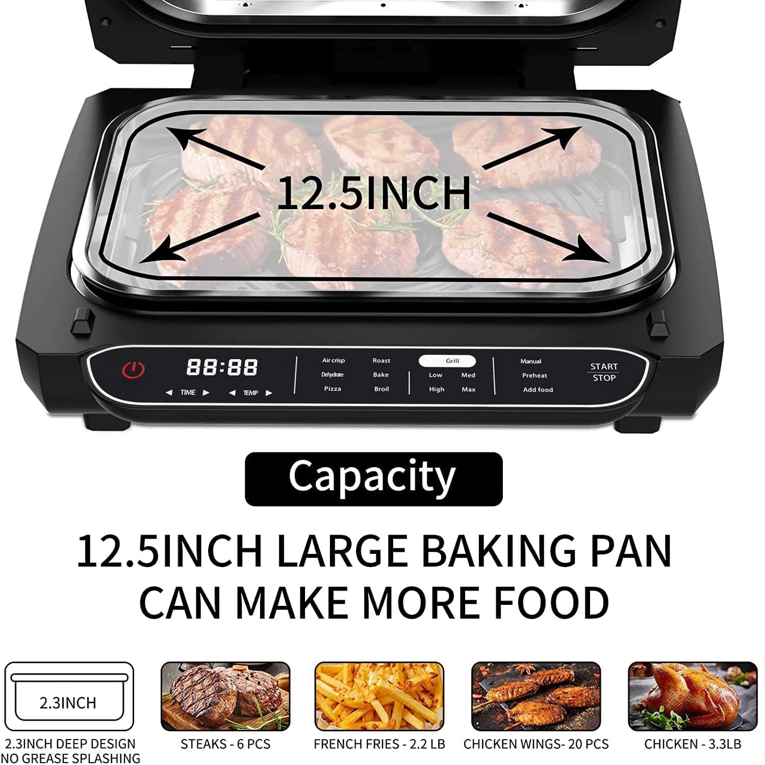 Indoor Grill Air Fryer Combo Smokeless, Fast Heating, and 7-in-1  Functionality with See-Through Window, Non-Stick Removable Plates,Electric  Grill up to 450°F Even Heat, Silicon Tongs, 4Qt, 1750W