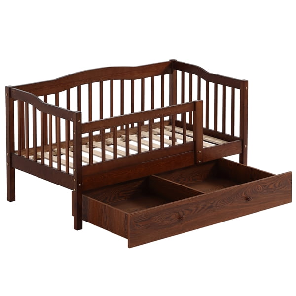 Pine Toddler Bed with Safety Side Rails & Bottom Drawer, Timeless Design for Nursery/Kid's Bedroom