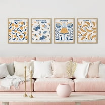 PixonSign Framed Wall Art Orange, Butterfies, Poppies Flower, Banana Fruit, Flower Market Posters, Set of 4 Floral Canvas Prints, Nature Preppy Room Botanical Wall Décor - 11"x14" Natural