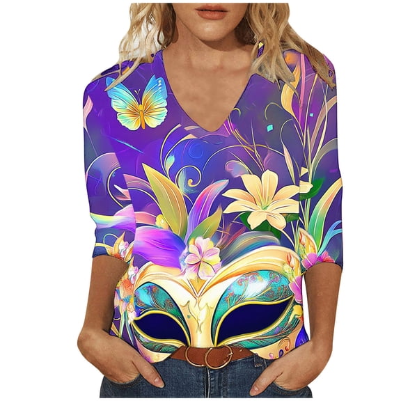 YUGYXL Women's Summer Mardi Gras 3/4 Sleeve Tshirts Fashion Plus Size Fancy Mask Printed Soft Loose Clothes Ladies V Neck Tunic Tees Carnival Theme Party Funny Tops