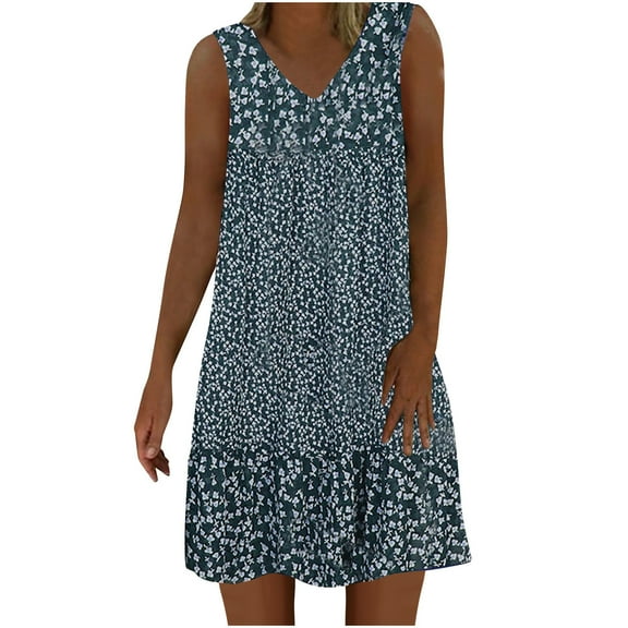 Uaswgudfs Sleeveless V-Neck Floral Print Midi Dress - Casual Summer Dresses for Women 2025 with Lightweight Breathable Fabric Blue L