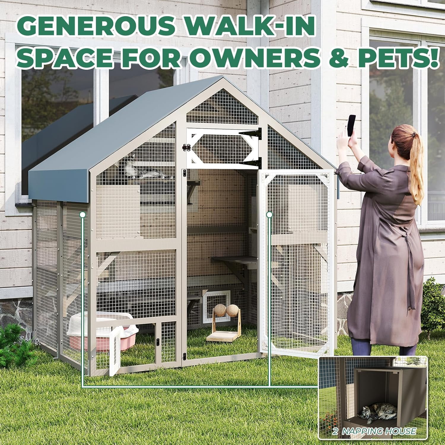Petsblublu 71" H Cat Catio Outdoor Cat Enclosure Large Cat House with 2 Condos, 6 Platforms