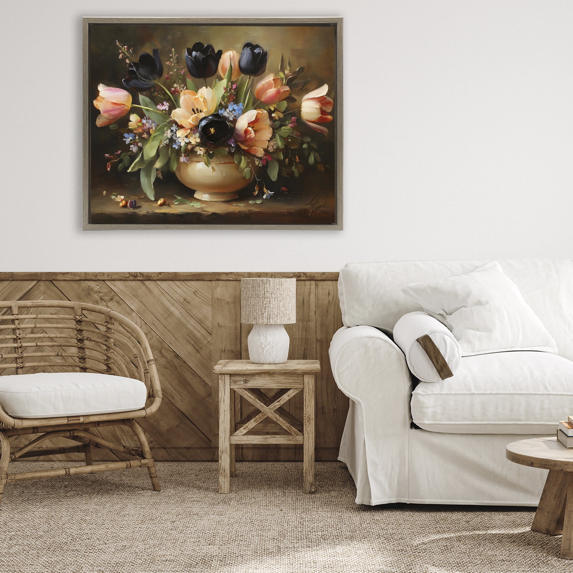 Stupell Industries Black Tulips & Peach Bouquet Brown Framed Floater Canvas Wall Art, design by Franklyn Gregory