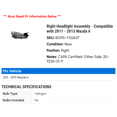 thumbnail image 2 of Right Headlight Assembly - Compatible with 2011 - 2013 Mazda 6 2012, 2 of 2
