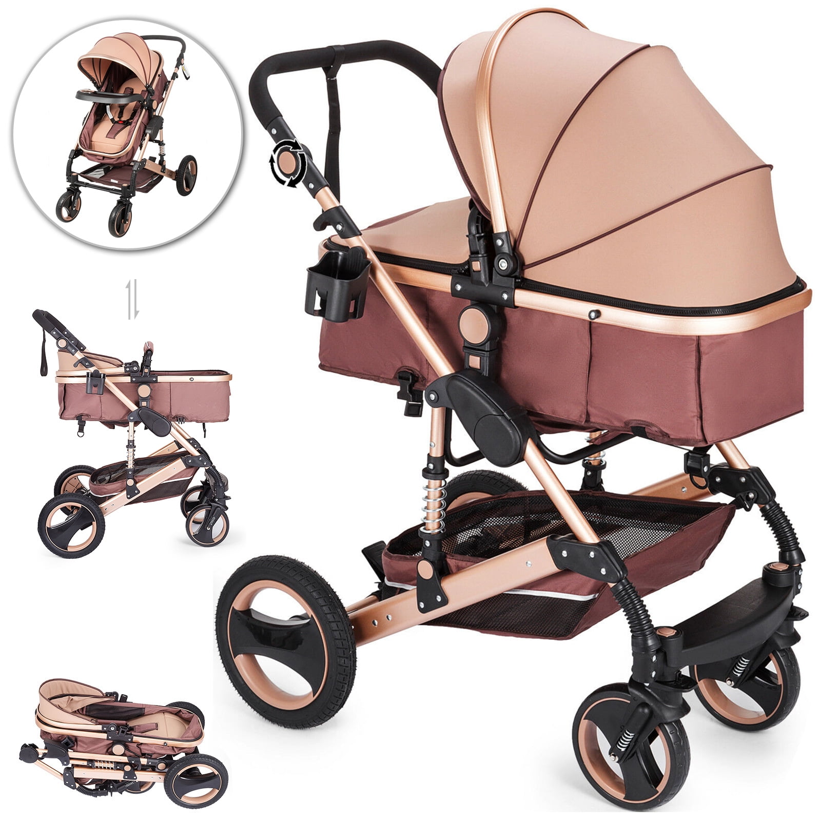 Color : Gold Newborn Carriage Baby Stroller 3 in 1 Foldable Baby Stroller Travel System,Luxury Shock Absorption Springs Pram Baby Stroller,High Landscape Infant Pushchair Stroller 