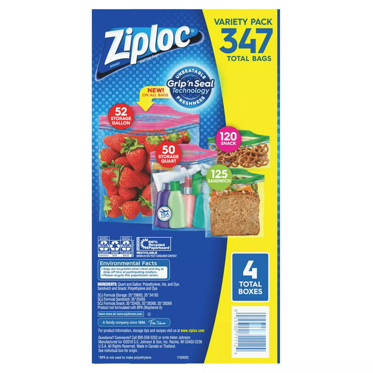  Ziploc Bags 52 Gallon, 50 Quart, 120 Snack, 125 Sandwich (347  Count) : Health & Household