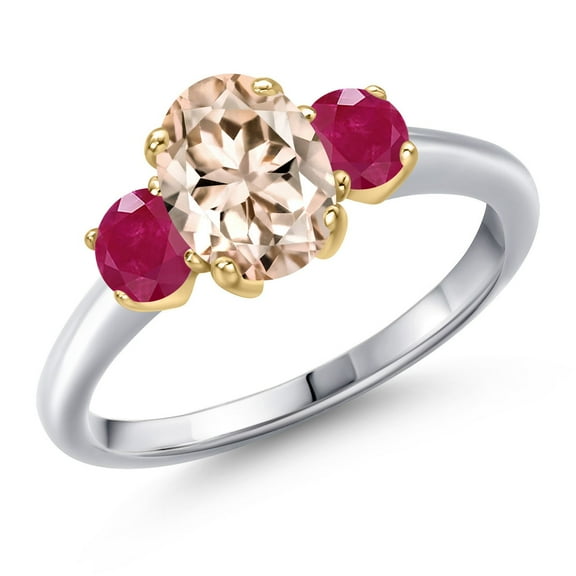 Gem Stone King 925 Silver and 10K Yellow Gold Peach Morganite and Red Ruby Engagement Ring for Women | 1.70 Cttw | Oval 8X6MM | Gemstone October Birthstone | Size 9