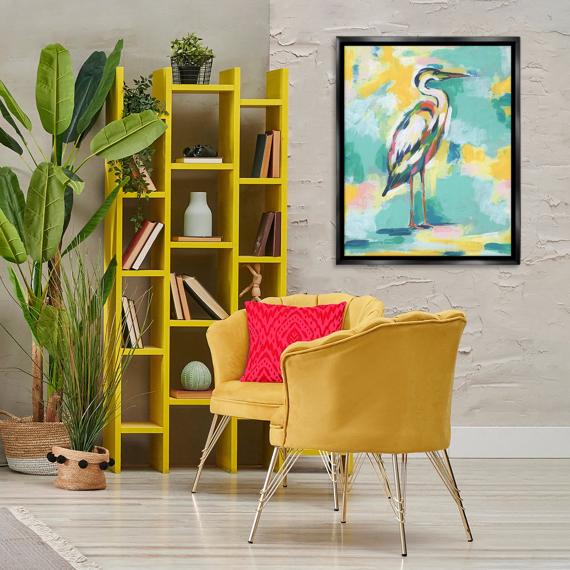 Stupell Industries Yellow & Blue Heron Animals Painting Black Floater Framed Canvas Art Print Wall Art, 25 x 31