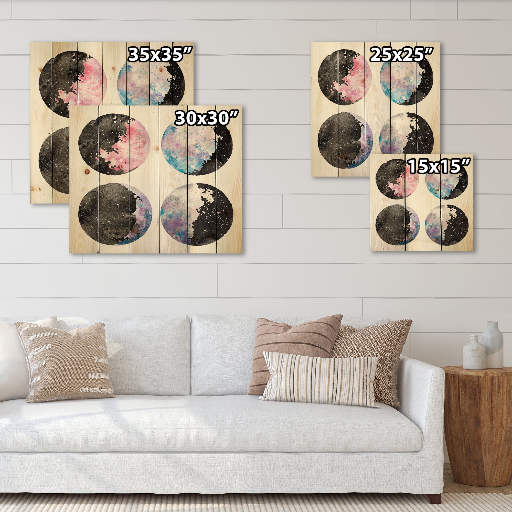 Designart 'Moon Phases With Sky and Stars' Bohemian & Eclectic Print on Natural Pine Wood