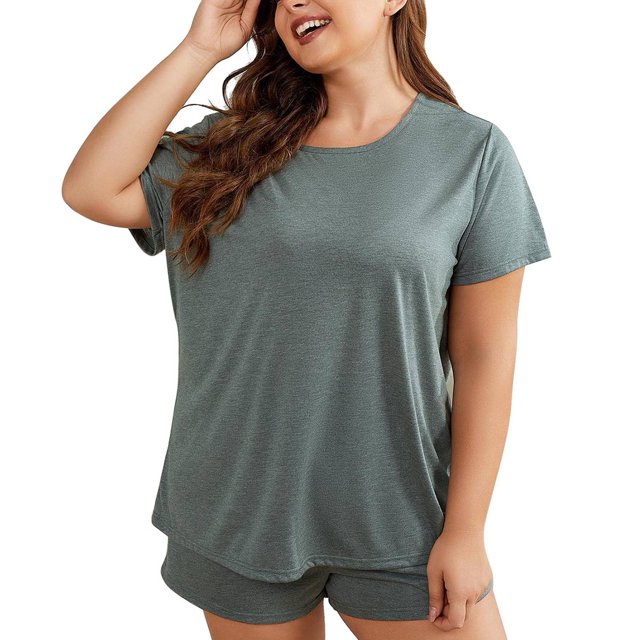 Conjuntos de 2 uds de verano para mujer, Top de cuello redondo de manga corta, pantalones cortos informales sueltos, conjuntos de ropa de dormir de Color puro, gris, verde, 2XL
