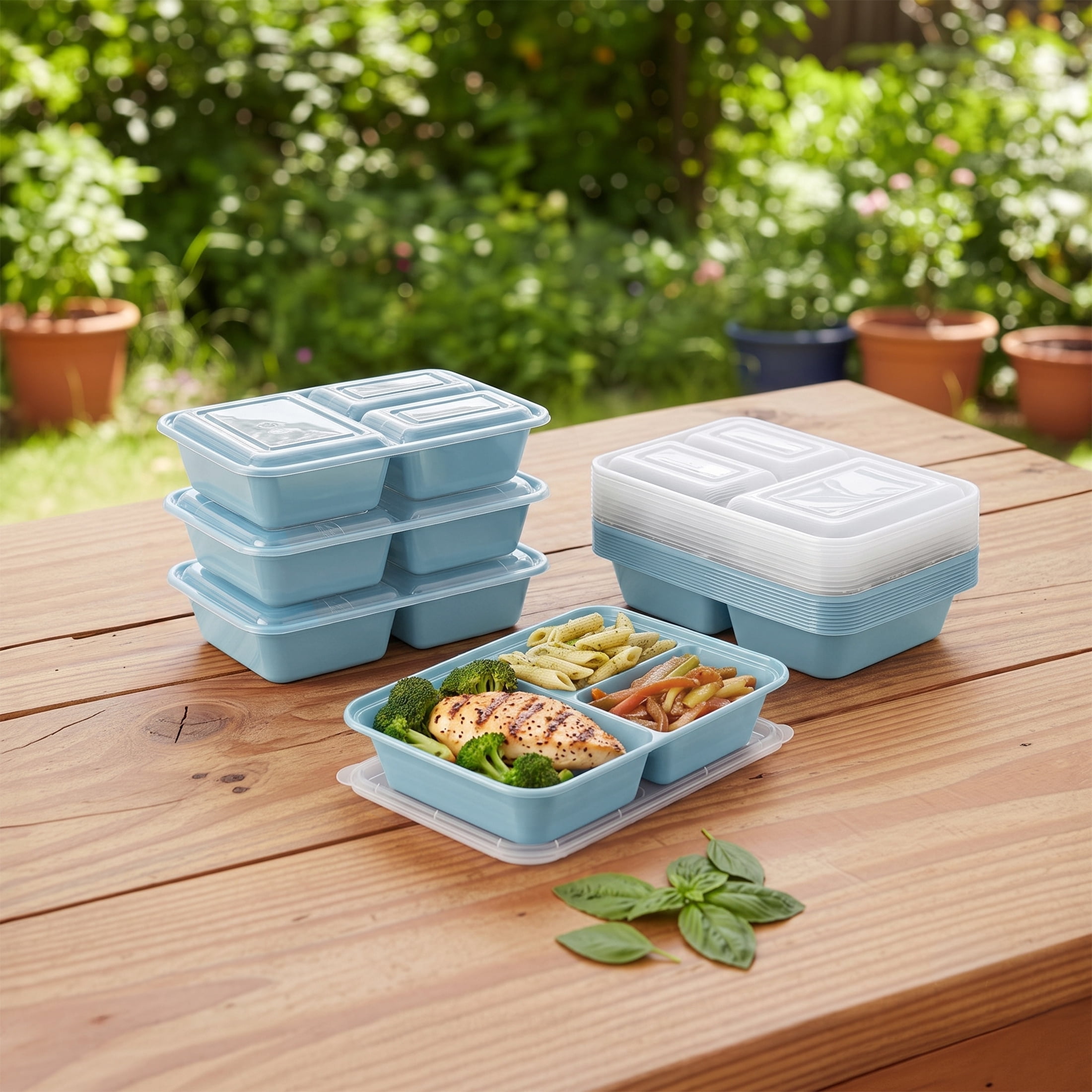 Mainstays 5-Pack 3-Compartment BPA-Free Plastic Meal Prep Food Storage Containers, 1.2L, Blue Cameo