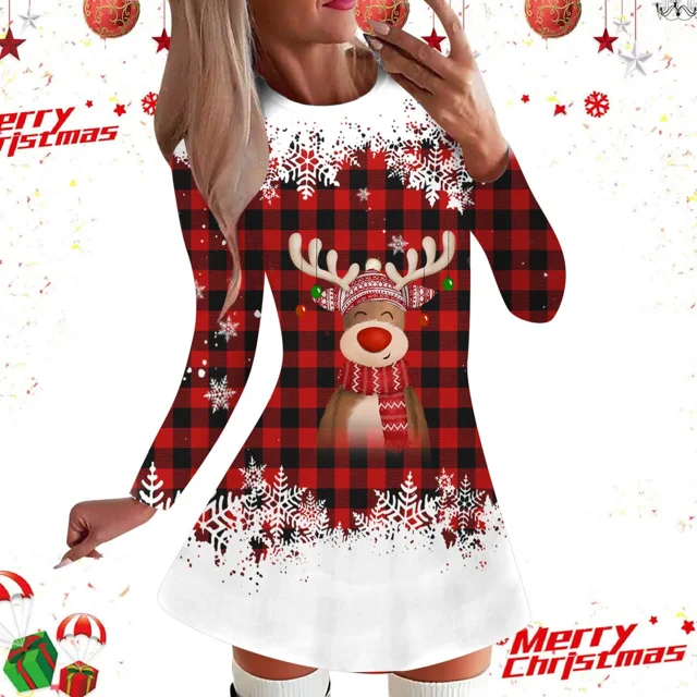 Vestido de alce de dibujos animados para mujer, minivestido Sexy de manga corta con copos de nieve de Navidad, ropa de fiesta de invierno