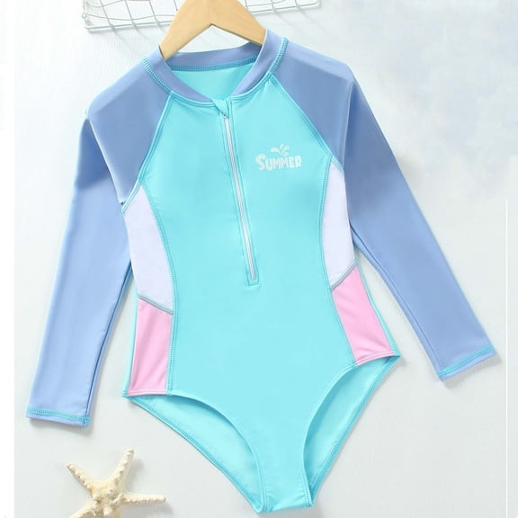 CYRBOKO Girls One-Pieces Swimsuits, Holiday Quick-dry Summer Long Sleeve Bathing Sets Sky Blue Size 9-10 T