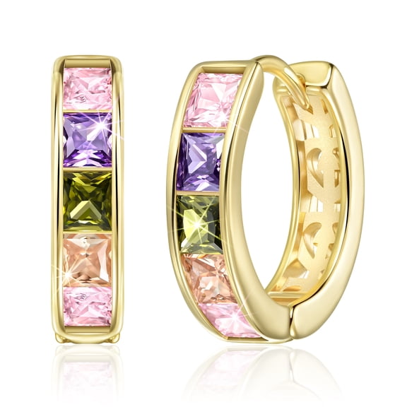 Linawe 14K Gold Plated Hoop Earrings for Women Trendy, Cubic Zirconia Rainbow Earrings, Tiny Mini Small Huggie Earrings, Safety Pin Flat Back Stud Earrings, Tragus Piercing Jewelry