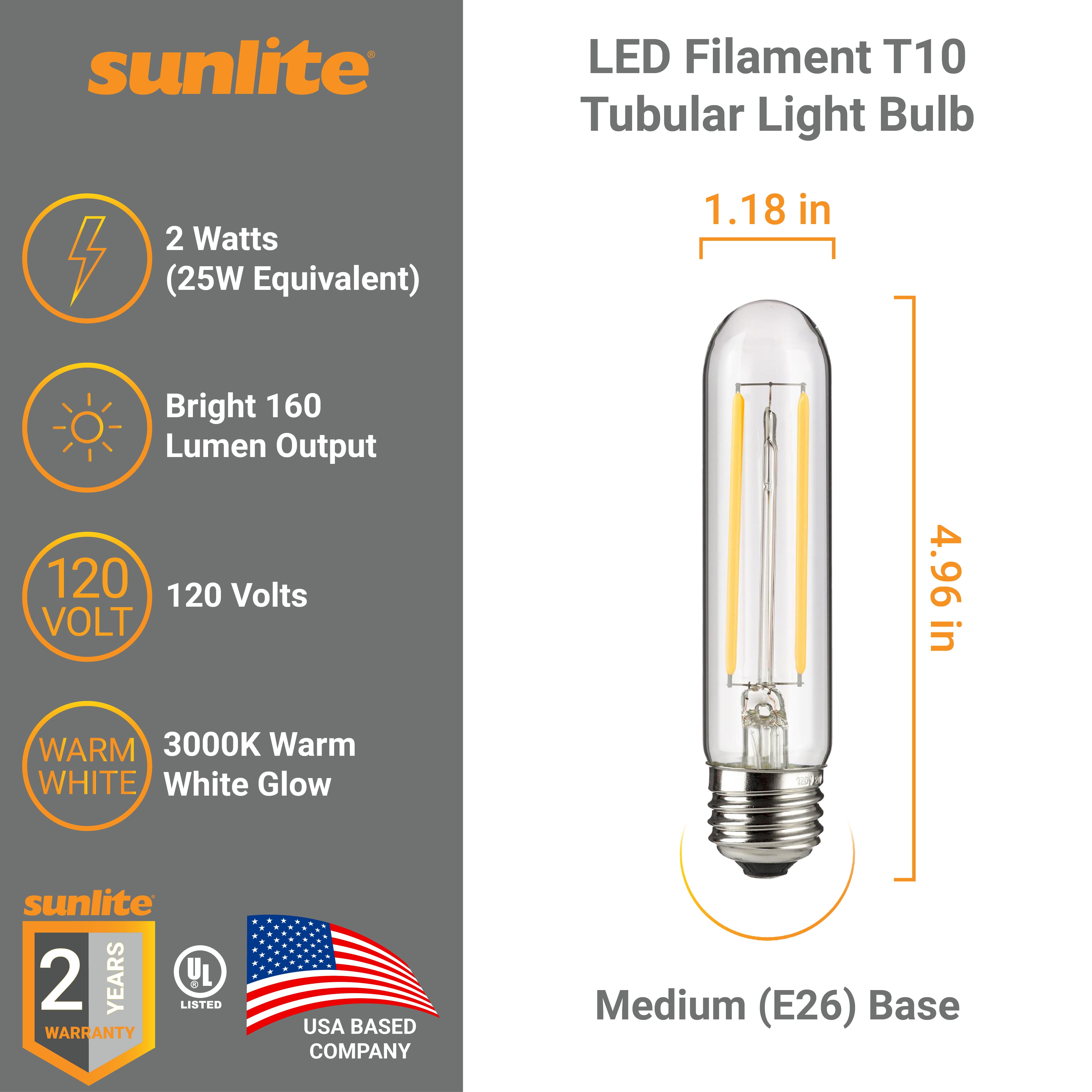 Sunlite LED Filament T10 Tubular Light Bulb, 2 Watts (25W Equivalent), 160 Lumens, Medium E26 Base, 120 Volts, Dimmable, 90 CRI, UL Listed, Clear, 3000K Warm White, 10 Pack