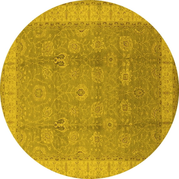 Ahgly Company Machine Washable Indoor Round Oriental Yellow Industrial Area Rugs, 5' Round