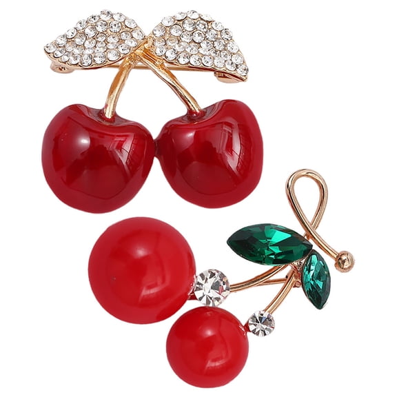 KONTONTY 2pcs Red Cherry Lapel Pin Collar Brooch Fruit Corsage Lapel Hat Pin Badges Safety Pins For Women Clothing Accessories