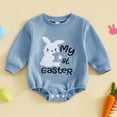 thumbnail image 2 of WUANDIXFA My First Easter Baby Boy Girl Outfit Long Sleeve Bunny Letter Embroidery Sweatshirt Romper Jumpsuit (Blue, 3-6 Months), 2 of 9