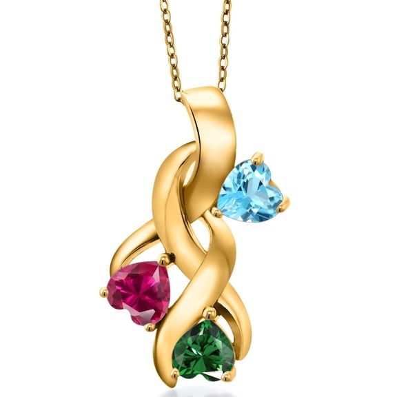 Gem Stone King 18K Yellow Gold Plated Silver Swiss Blue Topaz and Red Created Ruby and Green Nano Emerald Pendant for Women (1.65 Cttw, Gemstone November Birthstone, Heart Shape 5MM, 18 inch Chain)